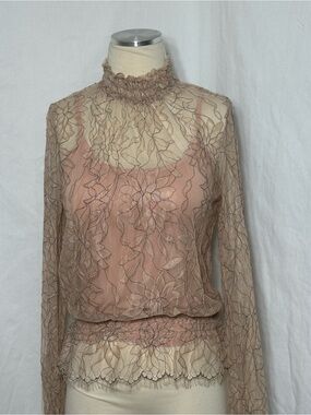Anthropologie Amadi Lee Sheer Floral Lace High-Neck Top - Blush